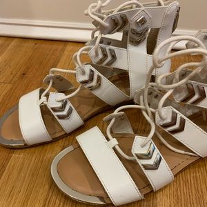 Fergie White Gladiator Sandals with Silver/Gold Hardware